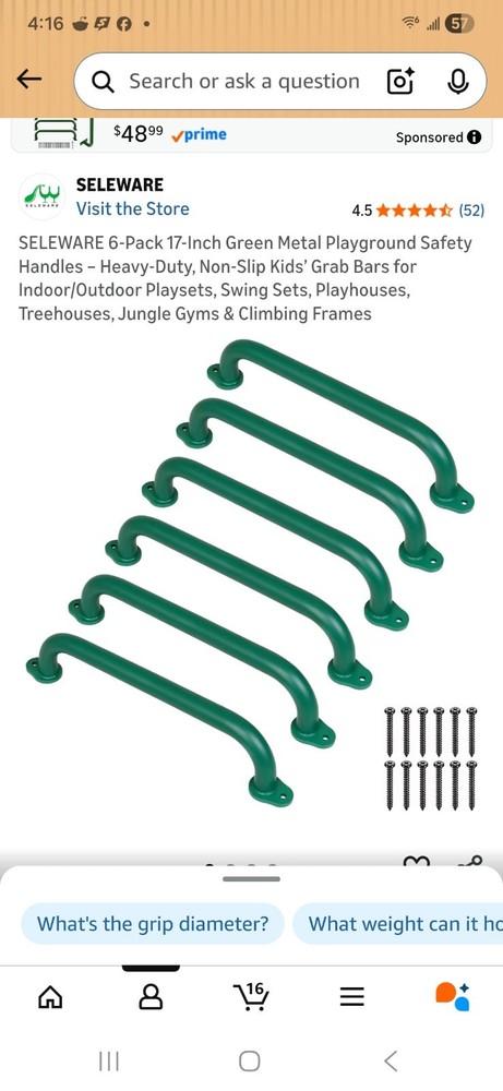 6-Pack 12-Inch Green Metal Playground Safety Handles – Heavy-Duty, Non-Slip Grab