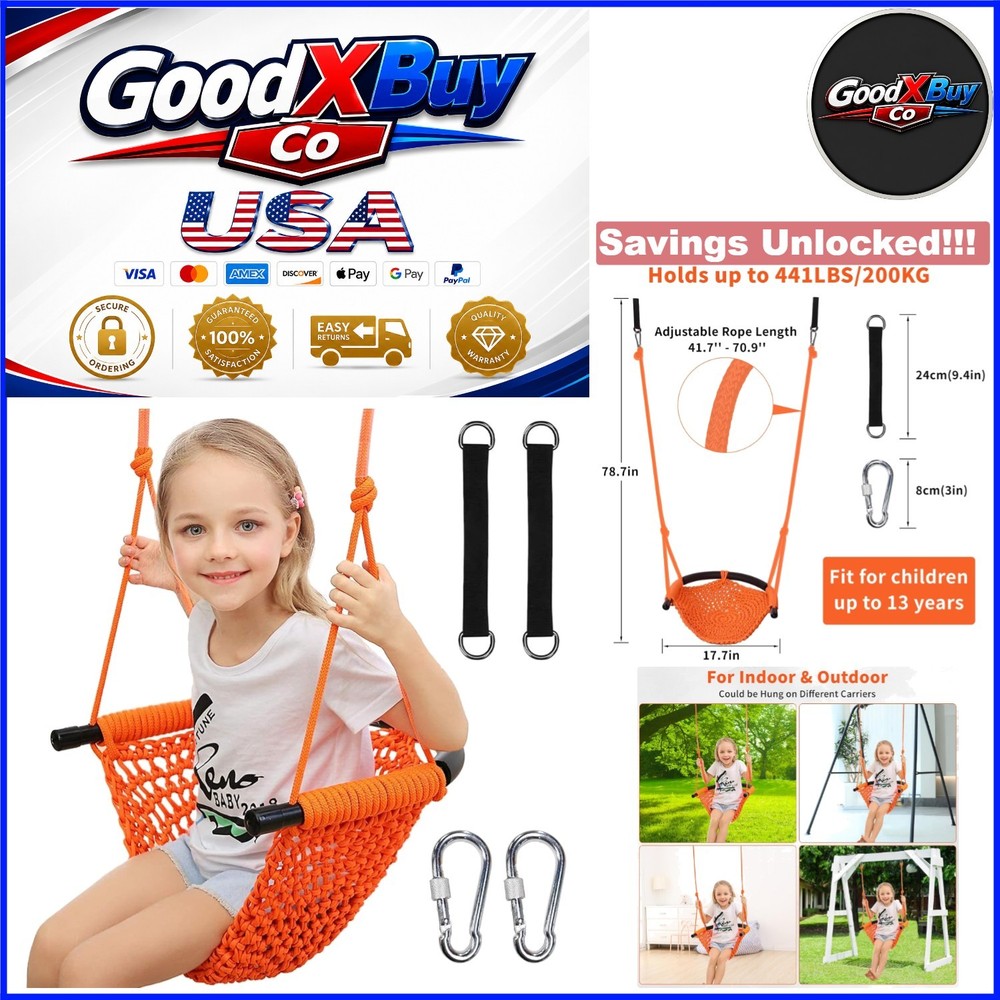 Kids Swing Set Heavy Duty Rope Swing Seat 440LBS Outdoor Indoor Orange
