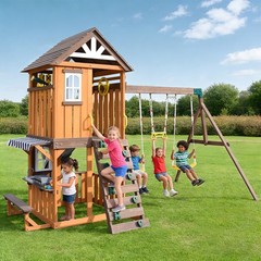 Giant Kid Wood Swing Set Slide,Rock Wall,Toy Kitchen Outdoor Backyard Playground