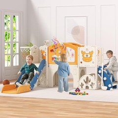 Toddler Slide Set with Basketball Hoop, Golf Game & Drawing Board, Blue&yellow