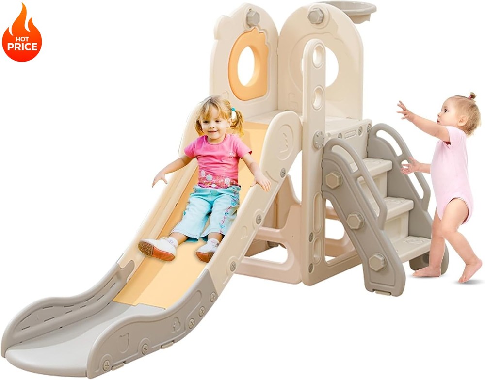 Freestanding Toddler Slide 5 in 1 Kid Playset for Age 1-3 L Shaped with Hoop