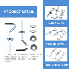 2Pcs Heavy-Duty Hammock Hooks, 3/8″ Diameter, Fits 1-1/4″–2″ Holes – Galvaniz…