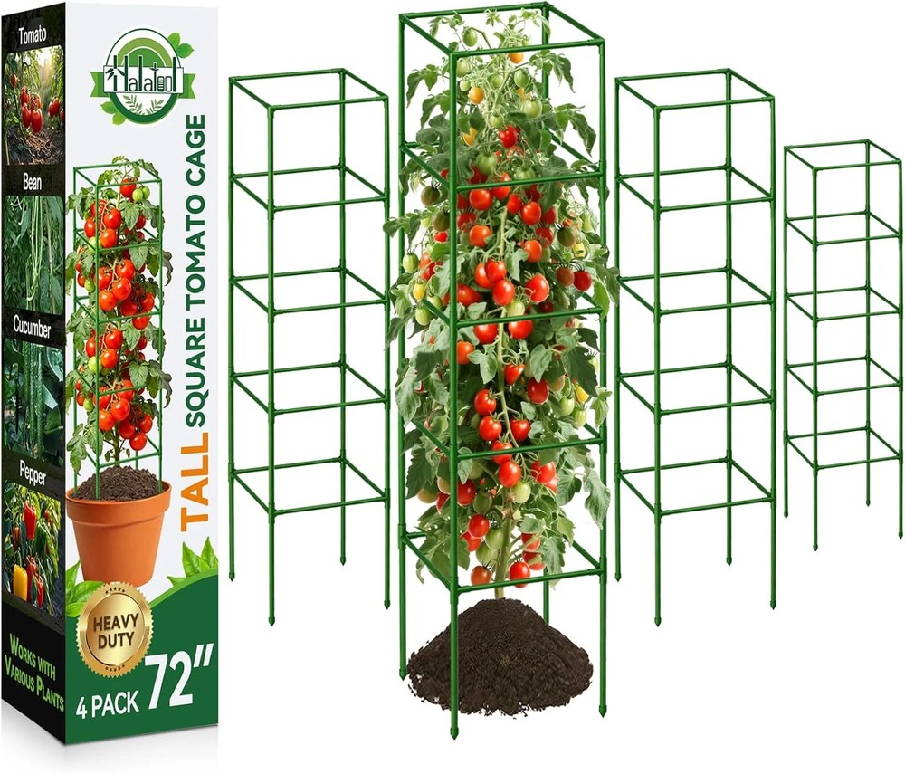 Halatool 4 Pack 72″ Extra Tall Square Tomato Cages, Heavy Duty Metal Plant Suppo