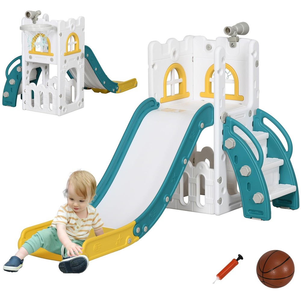 Qaba 5 in 1 Toddler Slide, Indoor Kids Slide 27.6″ x 69.7″ x 36.2″, Yellow