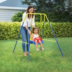 Qaba 3 in 1 Toddler Swing Set, Folding Child Swing Set for Kids, Blue