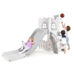 6 in 1 L-shaped Toddle Slide for Toddlers Age 1-3 Baby Slide w/ Basketball Hoop