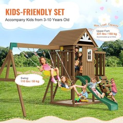 Complete Wooden Swing Set 9IN1 Outdoor Featuring 6ft Slide Upper Hideout