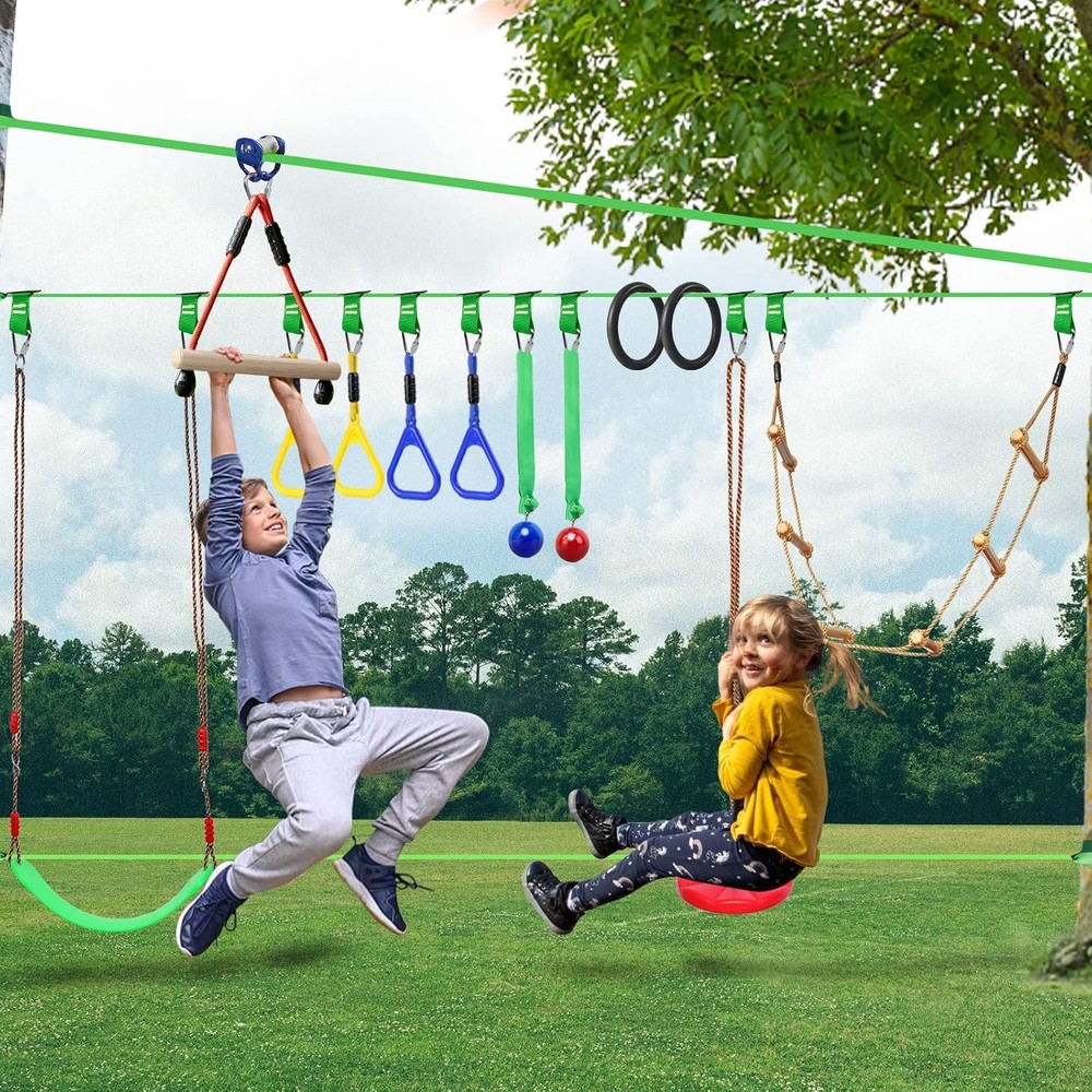 Ninja Obstacle Course Zip Line Slackline Kit Kids Backyard
