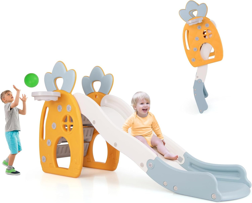 Toddler Slide, 3 in 1 Freestanding Foldable Kids Slide with Climber, Basketball