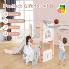6 in 1 L-shaped Toddle Slide for Toddlers Age 1-3 Baby Slide w/ Basketball Hoop