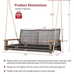 2-Person Outdoor Porch Swing with 118″ Hanging Ropes, Patiojoy PE Wicker Patio H