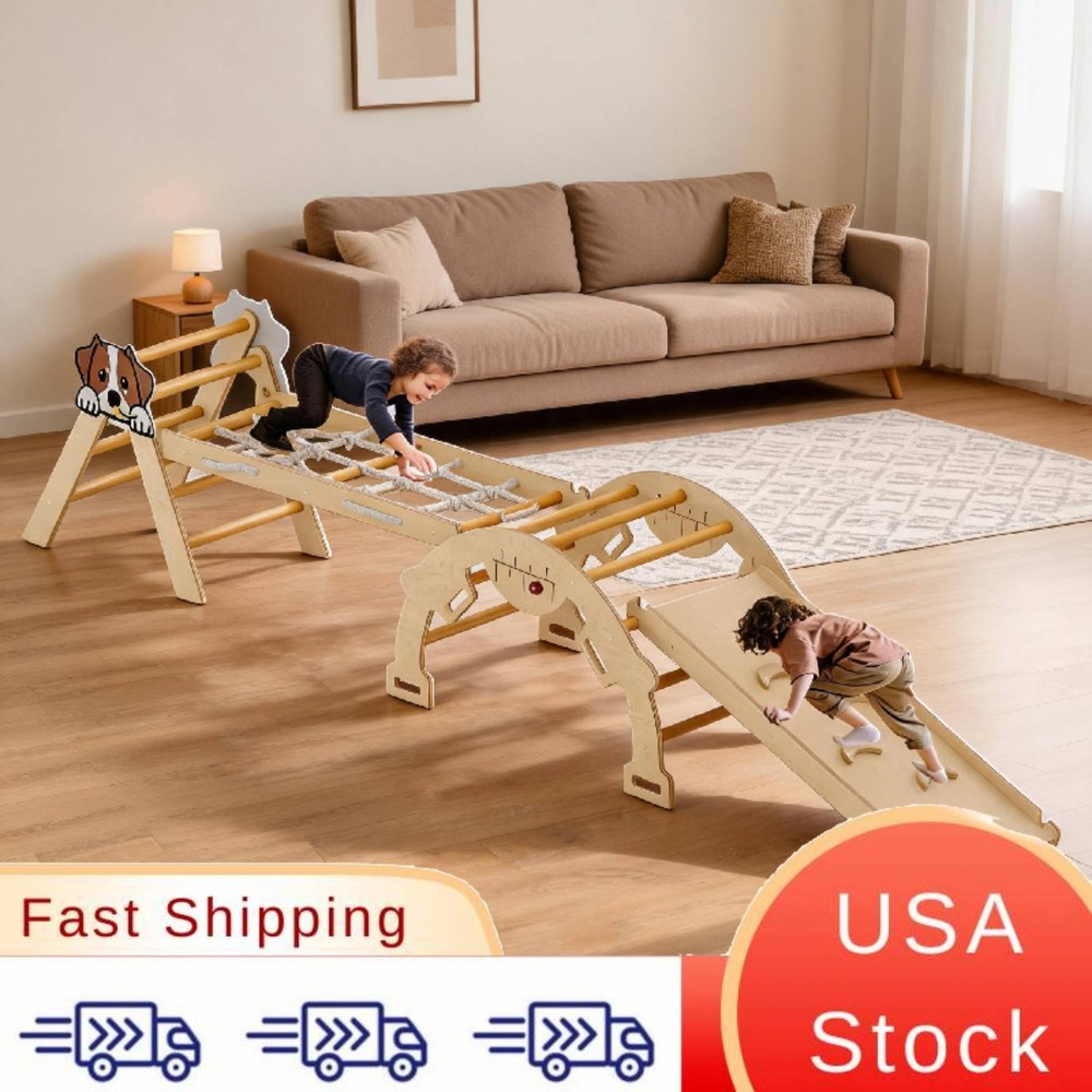 Toddler Indoor Play Equipment 4-in-1 Wooden Climbing Frame Triangle Set Natural