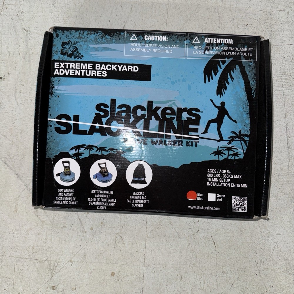 Slackers 50′ Slackline & Ratchet Wave Walker Kit Blue SLA465 NIB
