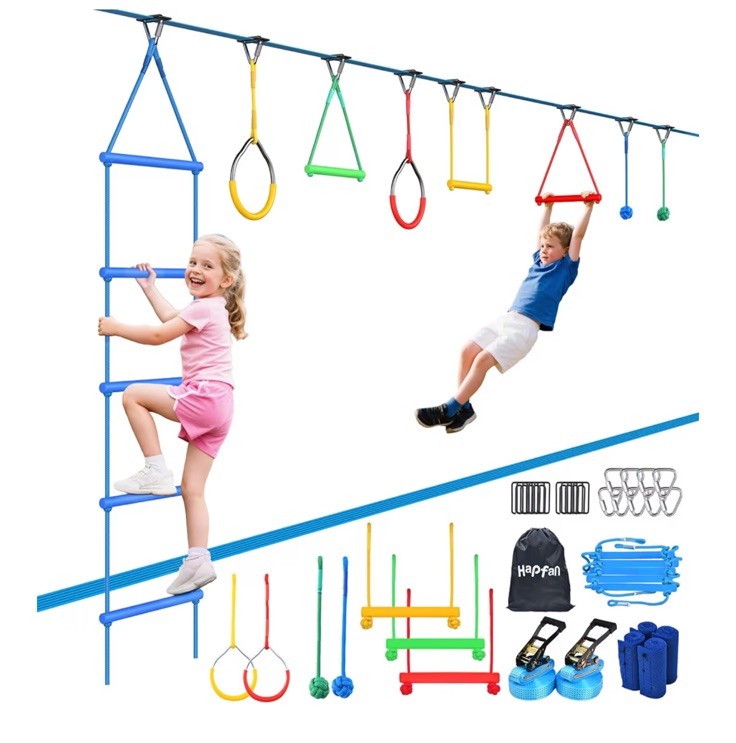 Hapfan Ninja Warrior Obstacle Course for Kids , 2×50 ft Slackline & Obstacles,