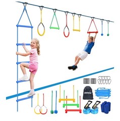Hapfan Ninja Warrior Obstacle Course for Kids , 2×50 ft Slackline & Obstacles,