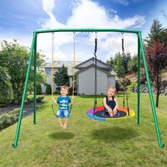 440lb 2 Seats Metal Swing Set Backyard Heavy-Duty Playset Kids Adults Swing Set