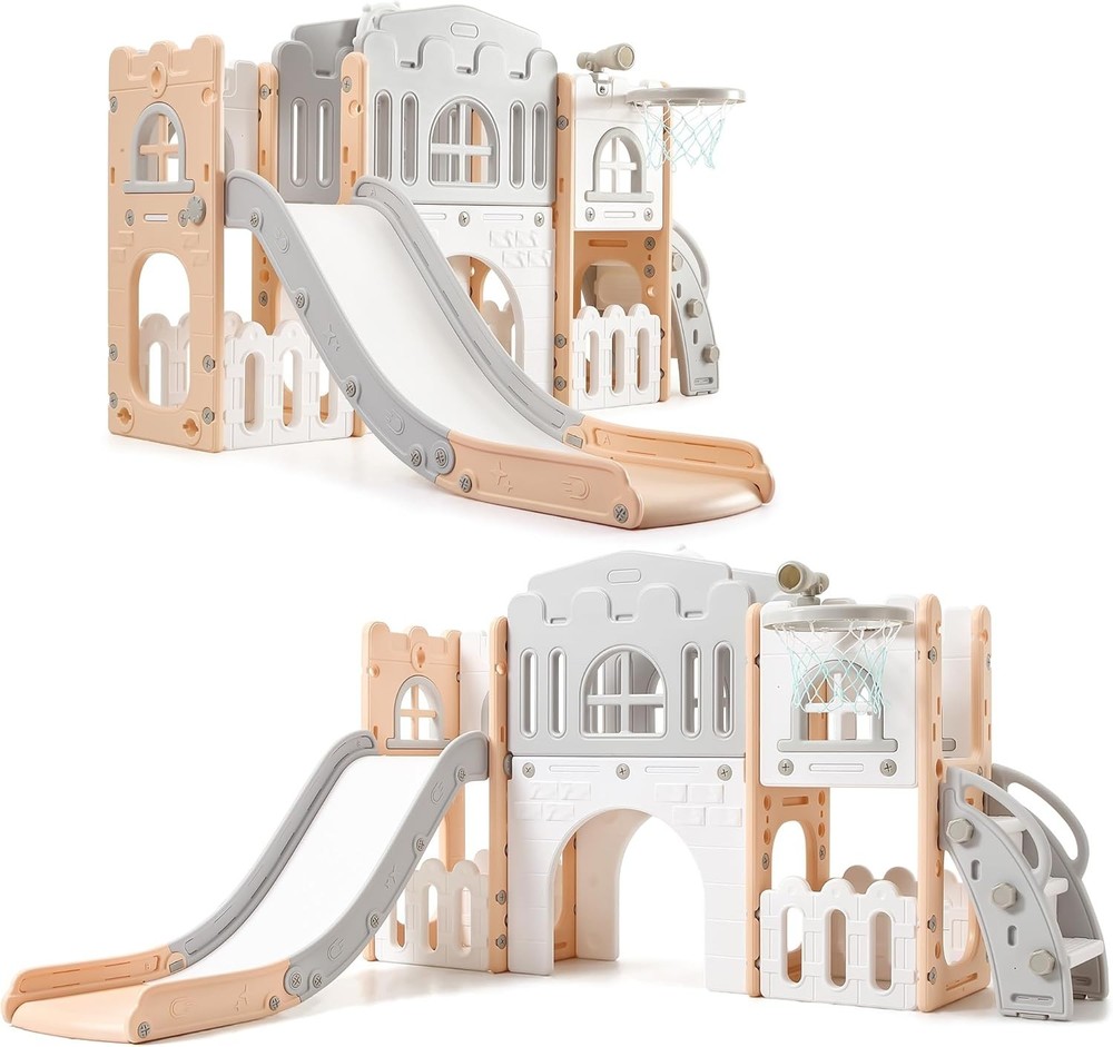 8 in 1 Toddler Slide Playset for Age 1-3 with Climber Toy Storage Gray and Pink