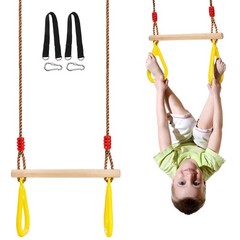 Adjustable 16″ Wooden Trapeze Bar with Rings – Swing Set Climbing Gym Accessorie