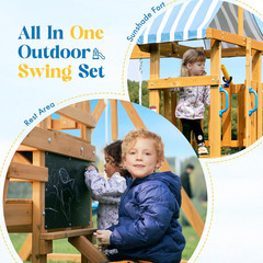 All-in-One Wooden Swing Set with Slide, Swings, Climbing Wall & More!