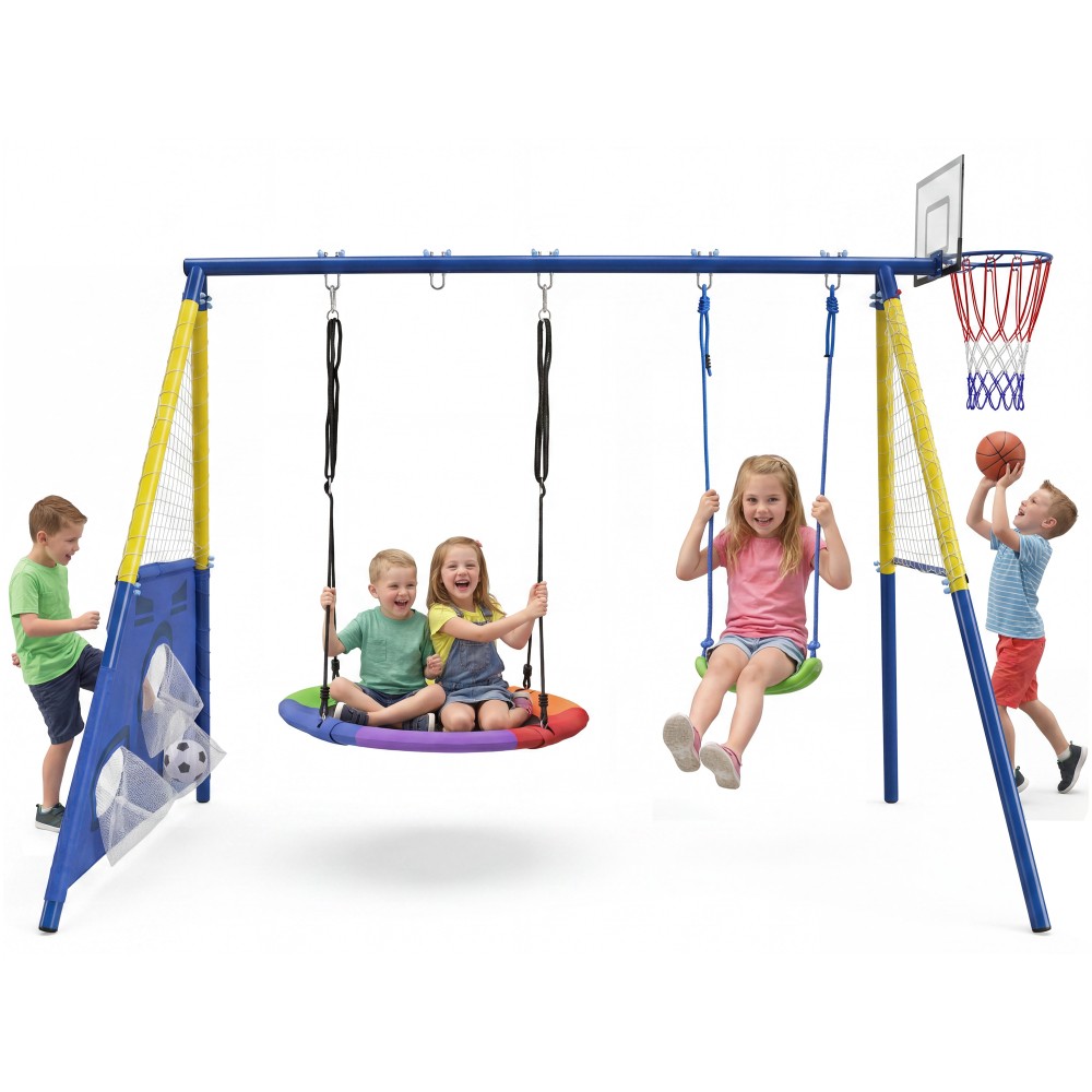 5-in-1 Kids Swing Set with Saucer Swing, Belt Swing, Basketball Hoop for Toddler