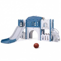All in 1 Toddle Slide Playset Freestanding Kids Slide w/ Tunnel Basketball Hoop