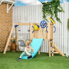 3-in-1 Wooden Swing Set w/ Baby Seat, Toddler Slide & Play Wheel – Ages 1.5-4
