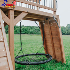 Cedar Wood Swing Set with Wave Slide Raised Wooden Bridge Outdoor Playset NEW
