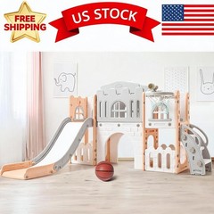 1 Toddler Slide Set, Kids Slide with Basketball Hoop, Telescope, Steering in 8
