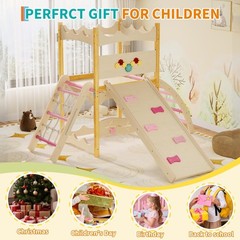 6-in-1 Wooden Play Gym Climber with Slide, Swing, Rock Wall, Rope Ladder Indoor