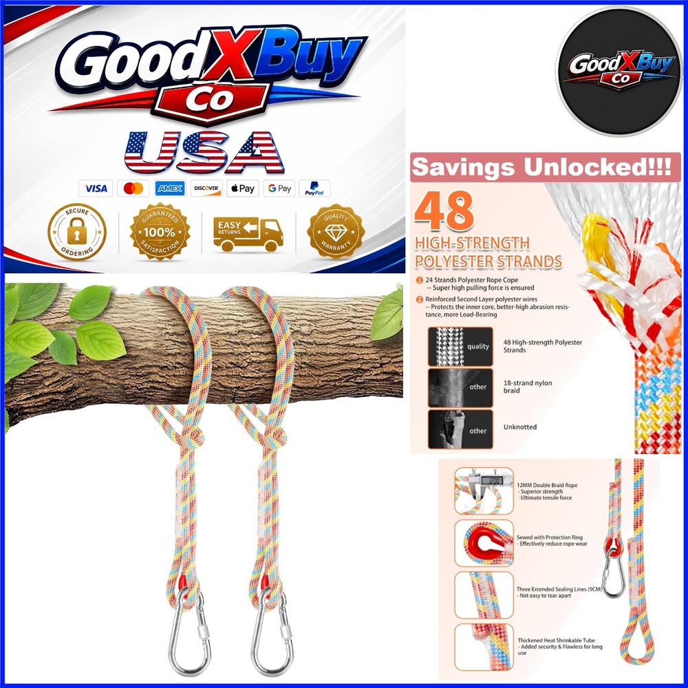 Tree Swing Ropes Set of 2, 3FT to 20FT, Heavy Duty Polyester Rope with Carabi…