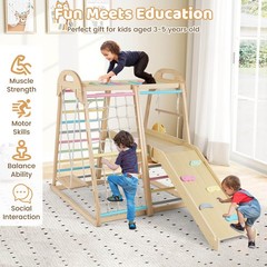8-in-1 Jungle Gym, Wooden Montessori Climber Playset w/ Slide and Monkey Bar
