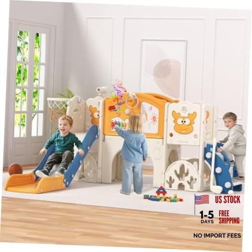 Toddler Slide Set with Basketball Hoop, Golf Game & Drawing Board, Blue&yellow