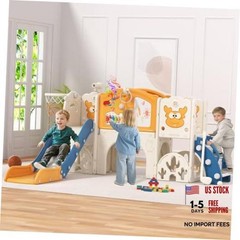 Toddler Slide Set with Basketball Hoop, Golf Game & Drawing Board, Blue&yellow