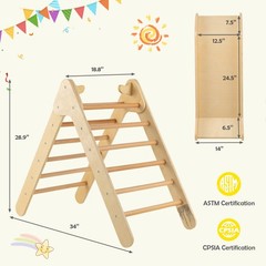 2-in-1 Wooden Climbing Triangle Set Triangle Climber w/ Ramp Natural