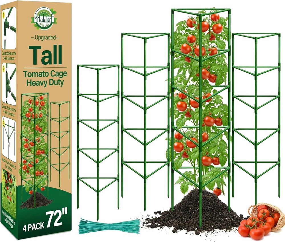 Halatool 72″ Tomato Cages Heavy Duty, 4 Pack Adjustable Stakes for Garden | Extr