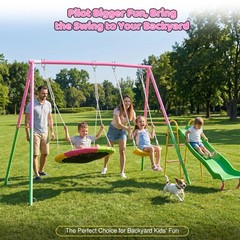 3 in 1 Swing Sets for Backyard with Kids Slide Outdoor Heavy-Duty Metal Playset