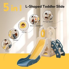 5 in 1 Kids Freestanding Toddler Slide Baby Climber Playset L Shaped Slide Blue