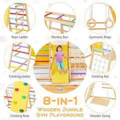 8-in-1 Jungle Gym Playset, Wooden Climber Play Set w/ Monkey Bars Colorful