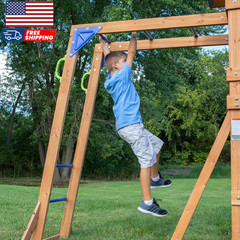 Backyard Discovery Beach Front Cedar Wood Swing Set with Wave Slide Play Deck