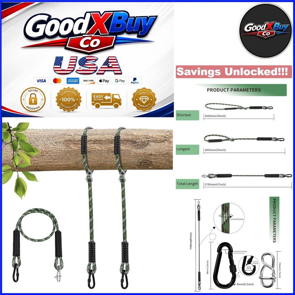 Heavy Duty Tree Swing Rope Set 5.6ft Green Adjustable Hammock Straps