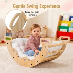 Wooden Rocking Climbing Arch w/Cushion, 3-in-1 Montessori Kids Climber Rocker