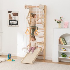 6-in-1 Swedish Ladder Wall Gym,Indoor Kids Playground Set with Swing,Rope Ladder
