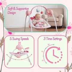 Portable Baby Swing, Pink Electric Infant Swing with 5 Speed Levels, 6 Songs …