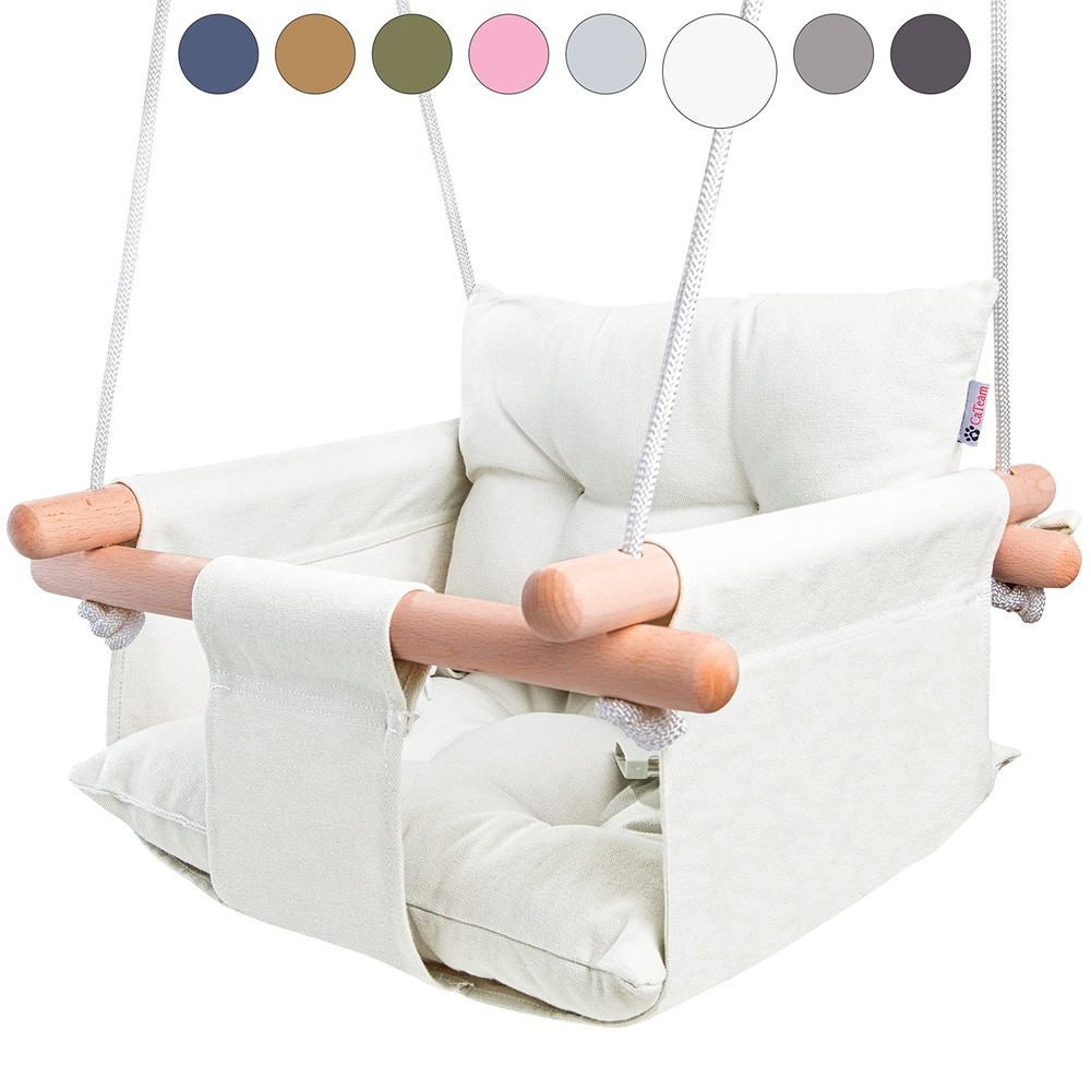 – Canvas Baby Swing Wooden Hanging Swing Seat Chair with Safety Belt Durable …