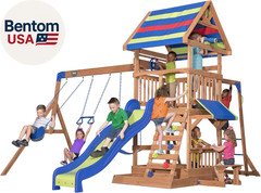 Beach Front Cedar Wood Swing Set with Wave Slide, Play Deck, Monkey Bars, Rock W