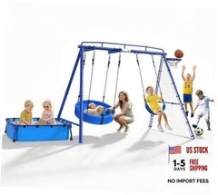 5-in-1 Heavy Duty Metal Swing Set with Sandbox for Backyard, 800 LBS Blue