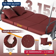 3 Seat Outdoor Porch Swing with Adjustable Canopy,2 in 1 Patio Swing Bed with St