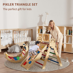 Elegantcrafts Pikler Triangle Set with Cushion, Montessori Climbing Set, Indoor