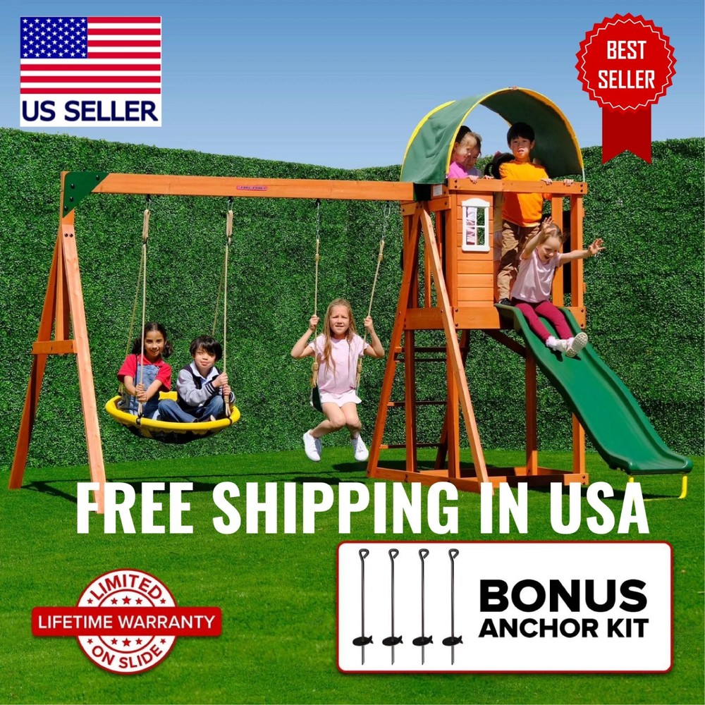 Sportspower Amelia Wooden Swing Set – 2-Person Saucer Swing, Sling Swing