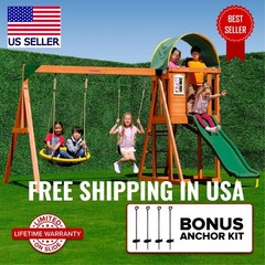 Sportspower Amelia Wooden Swing Set – 2-Person Saucer Swing, Sling Swing